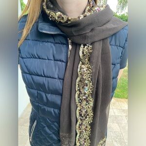 Oscar de la Renta 100% silk shawl, scarf wrap, beaded, made in India dark brown
